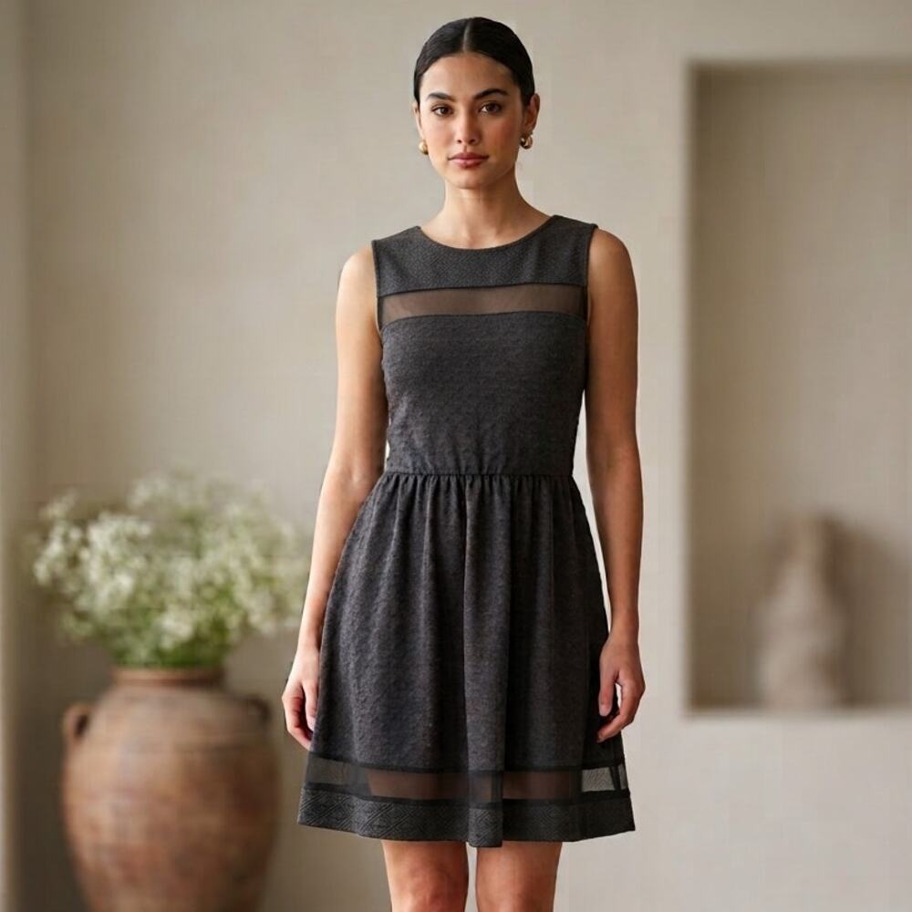 French Atmosphere Fit & Flare Dress Womens M Black Diamond Quilted Mesh Accent